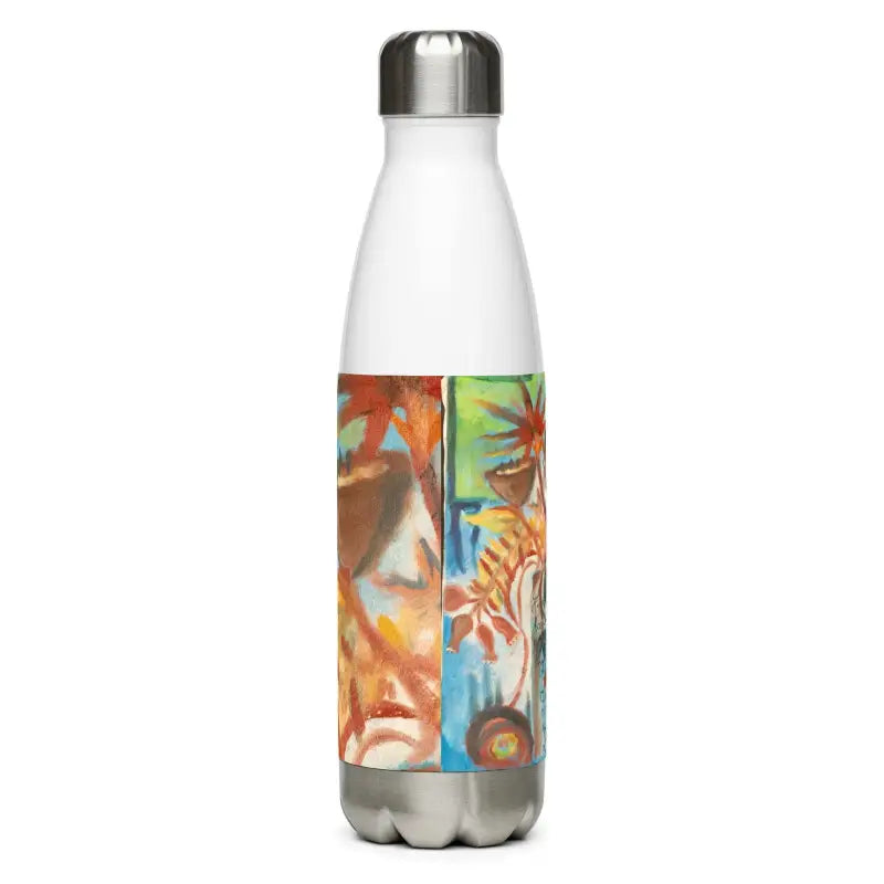 White stainless steel water bottle featuring a vibrant tropical floral design band