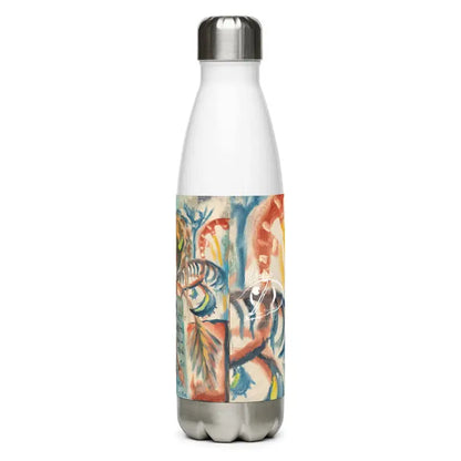 White stainless steel water bottle with a vibrant tropical floral pattern design