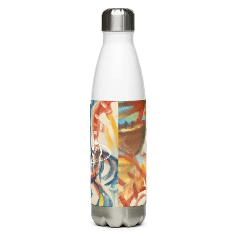 White stainless steel water bottle featuring colorful abstract design for stylish hydration