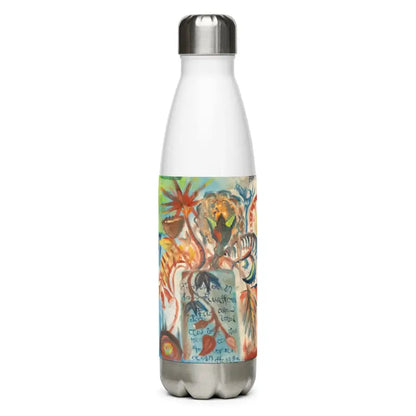 White stainless steel water bottle featuring colorful jungle animal print design