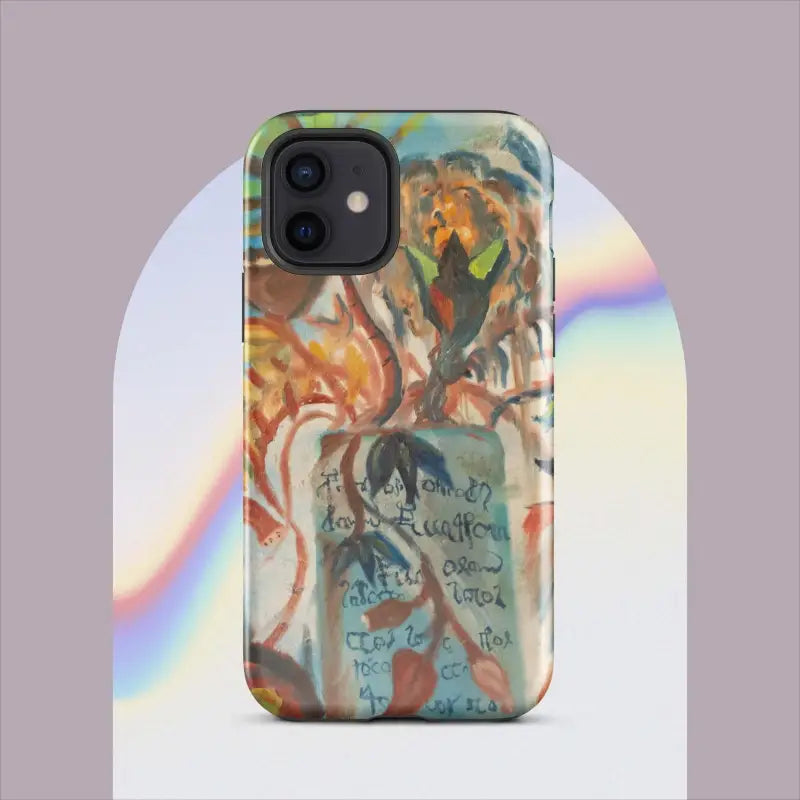 Phone case featuring abstract swirls in orange, blue, and green, showcasing Voynich Oil Painting on a Pro Max iPhone with polycarbonate outer shell