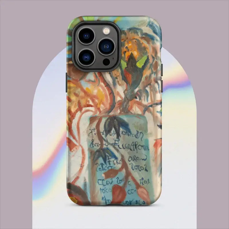 Artistic abstract iPhone case featuring swirling colors and text with polycarbonate outer shell