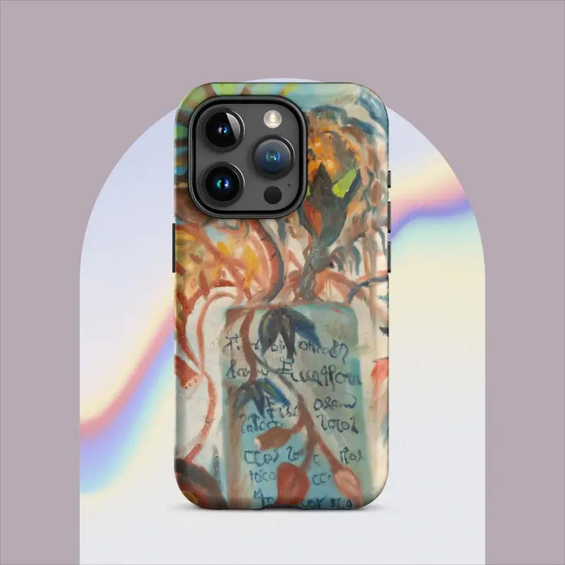 IPhone case featuring abstract graffiti art, showcasing triple camera and polycarbonate outer shell