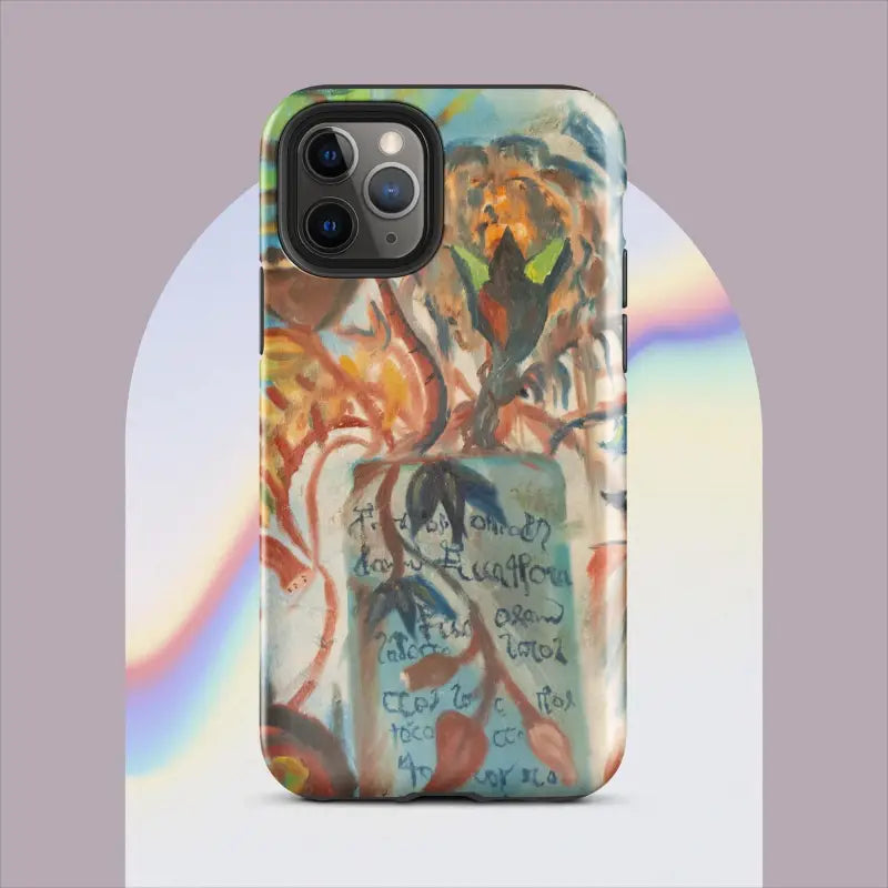 IPhone case showcasing abstract orange and blue design, inspired by Voynich Oil Painting