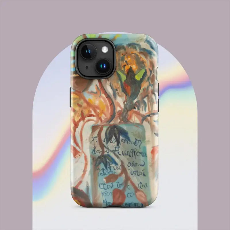 Phone case featuring swirling colors and text elements, showcasing Voynich Oil Painting design for Pro Max iPhone with polycarbonate outer shell