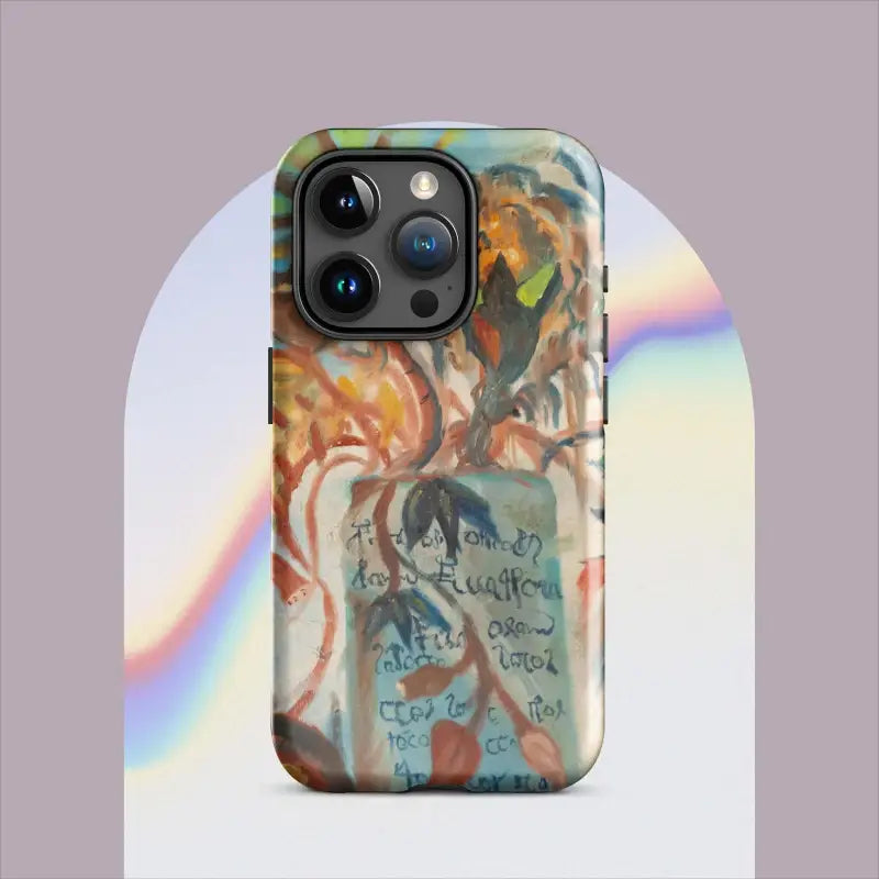 Artistic Voynich Oil Painting iPhone Pro Max Case in vibrant orange, blue, and teal