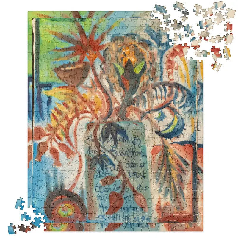 Abstract oil painting featuring colorful florals and puzzle pieces from Voynich Oil Painting