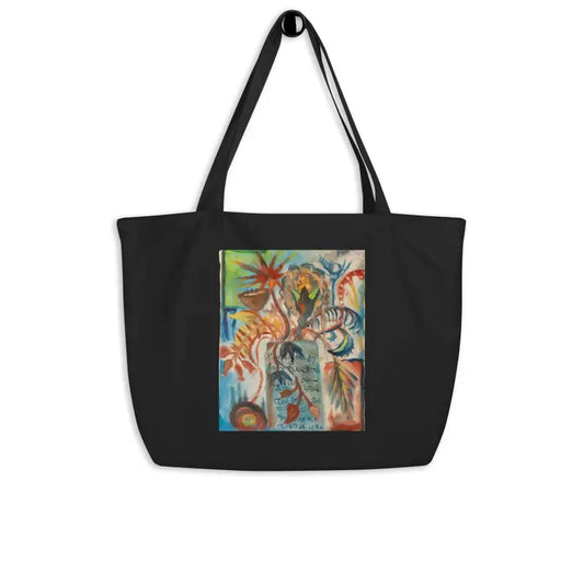 Black tote bag with colorful abstract art print inspired by Voynich oil painting