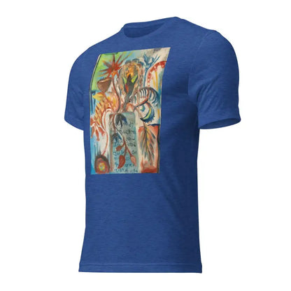 Royal blue t-shirt with colorful abstract art inspired by Voynich oil painting