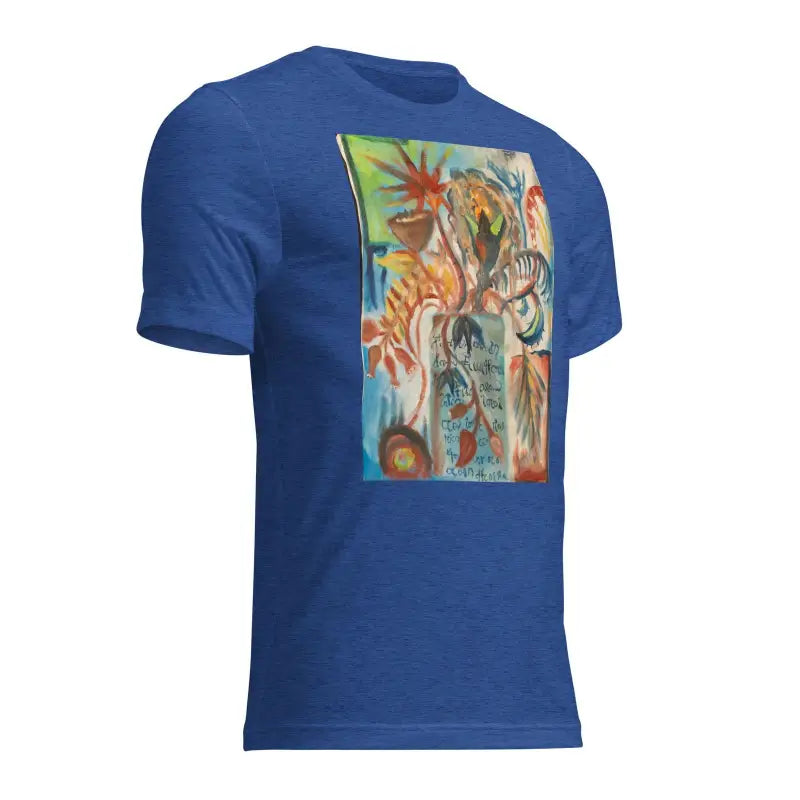 Royal blue t-shirt featuring Voynich oil painting abstract art print on front