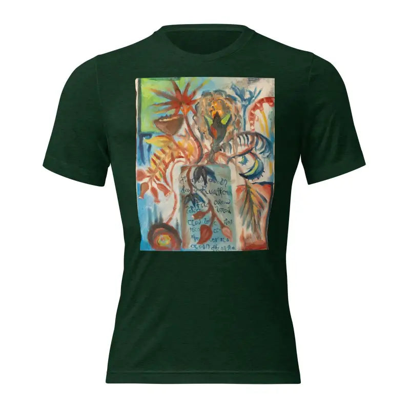 Dark green t-shirt with colorful abstract art print featuring Voynich oil painting design