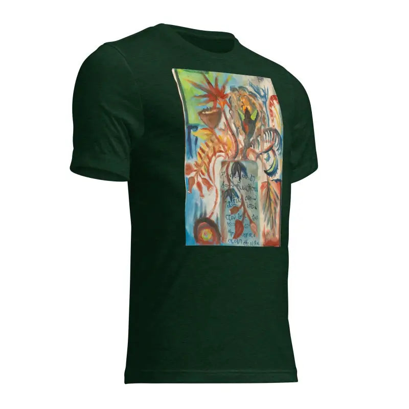 Dark green t-shirt featuring colorful Voynich oil painting panel on the back