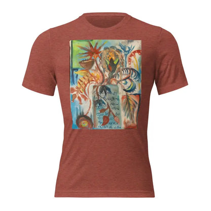 Rust-colored t-shirt with colorful abstract art, inspired by Voynich oil painting