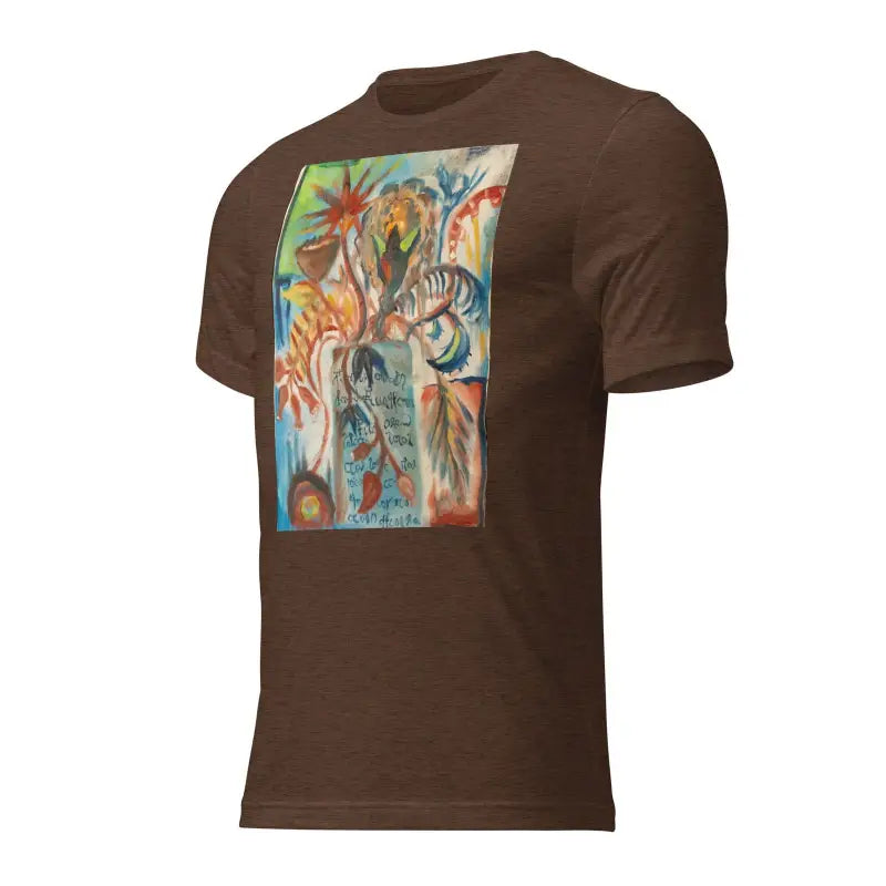 Brown t-shirt with colorful tropical palm tree design, inspired by Voynich oil painting