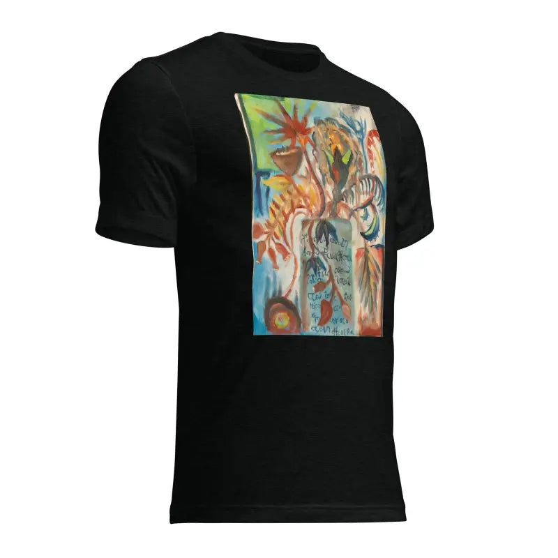 Black t-shirt featuring Voynich oil painting abstract art panel on back