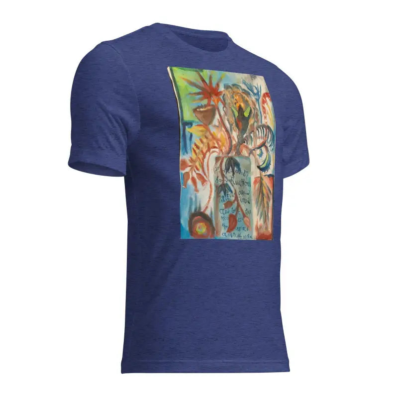 Navy blue t-shirt featuring Voynich oil painting abstract art print on front