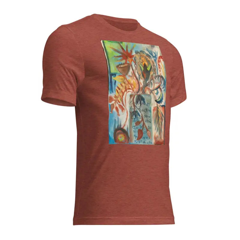 Rust-colored t-shirt featuring colorful abstract art inspired by Voynich oil painting