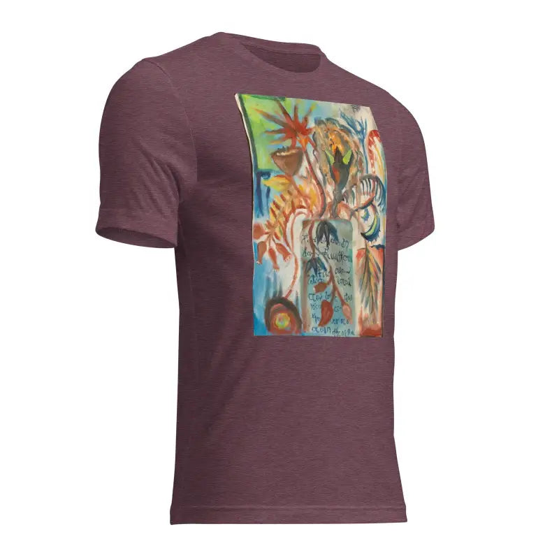 Brown t-shirt featuring colorful abstract art inspired by Voynich oil painting