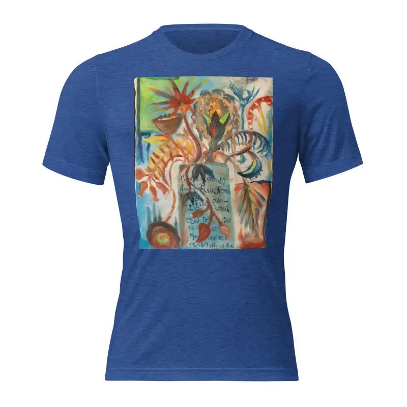 Royal blue t-shirt with colorful abstract art inspired by Voynich oil painting