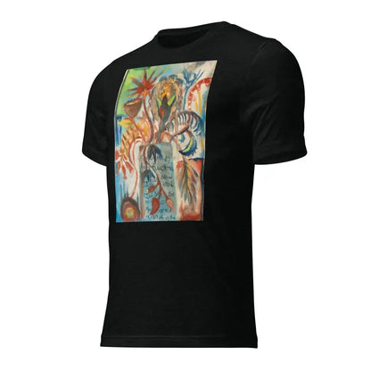 Black T-shirt featuring Voynich oil painting with colorful tropical art print