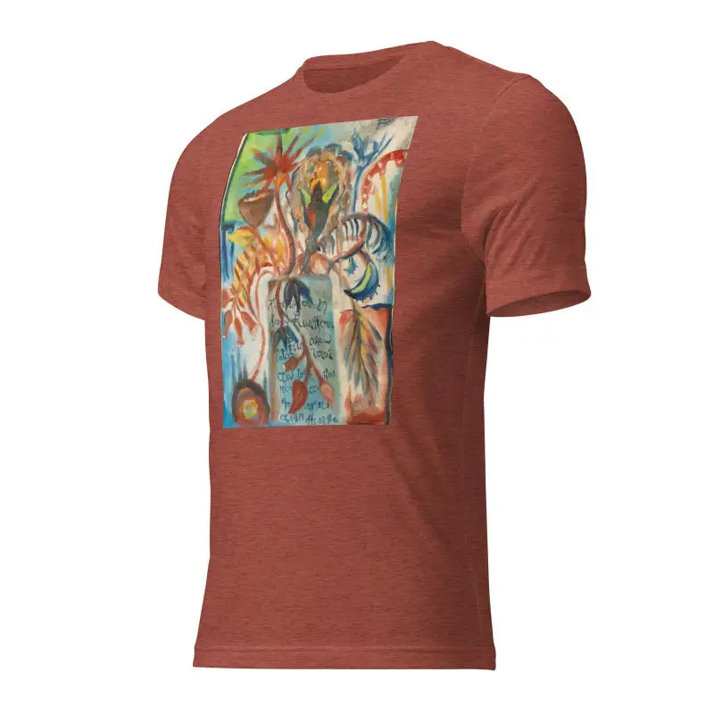 Rust-colored t-shirt featuring Voynich oil painting-inspired tropical floral art design