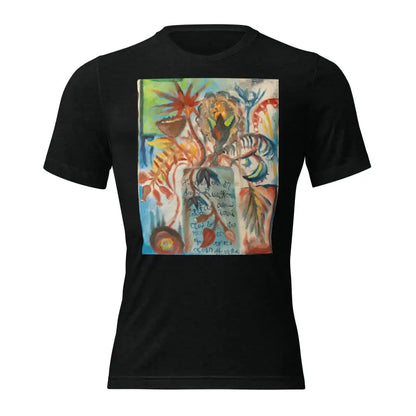 Black t-shirt with colorful abstract art print inspired by Voynich oil painting