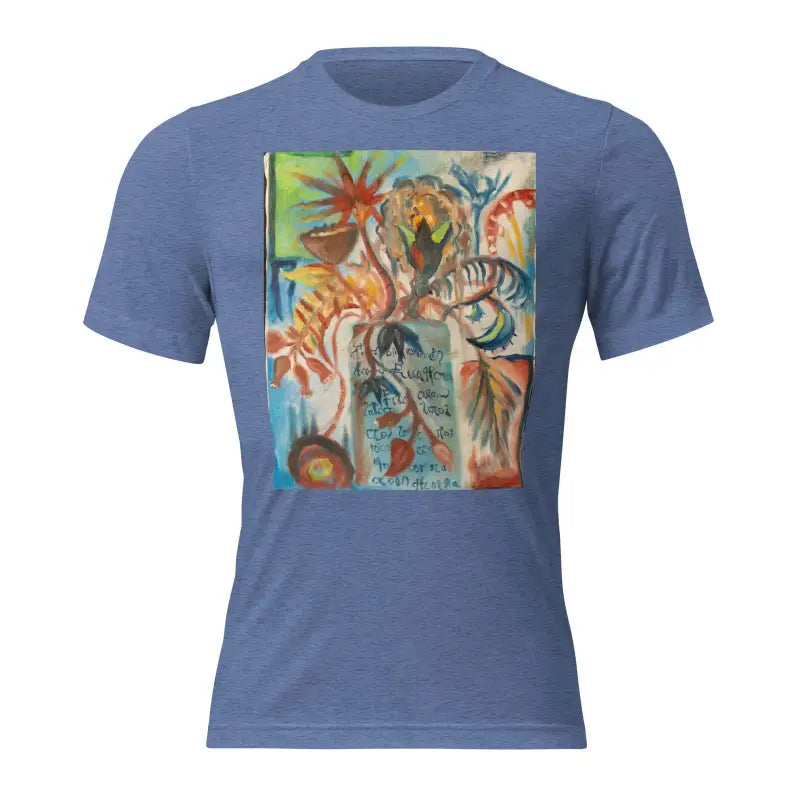 Blue t-shirt featuring a colorful abstract art print inspired by Voynich oil painting