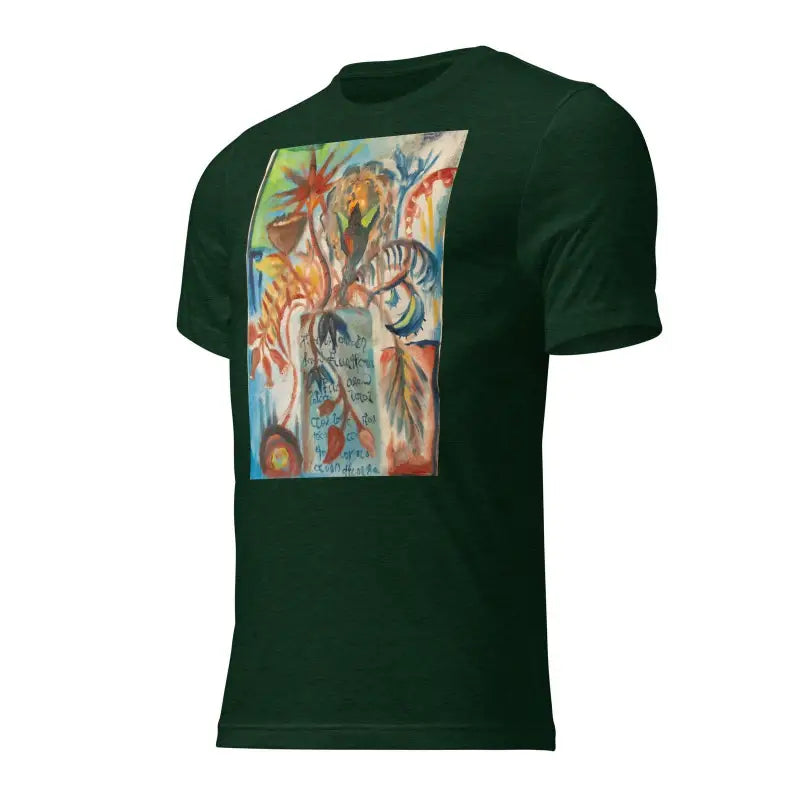 Dark green t-shirt featuring vibrant Voynich oil painting tropical art print