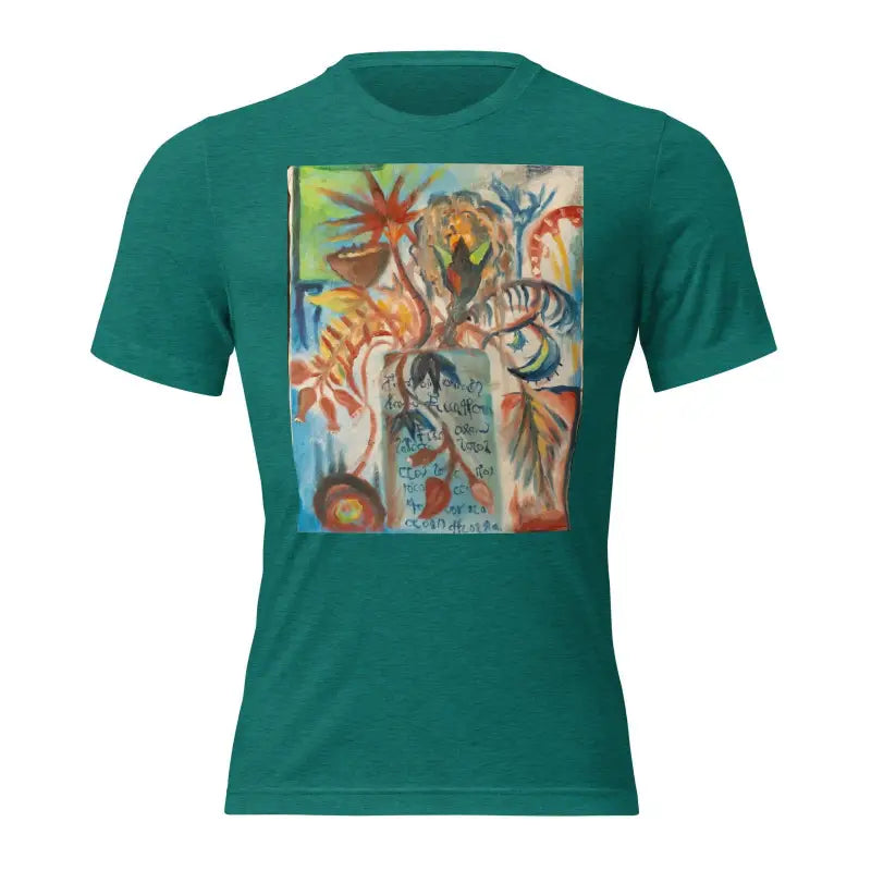 Green t-shirt showcasing colorful abstract art inspired by Voynich oil painting