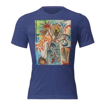 Navy blue t-shirt showcasing Voynich oil painting abstract art print in vibrant colors