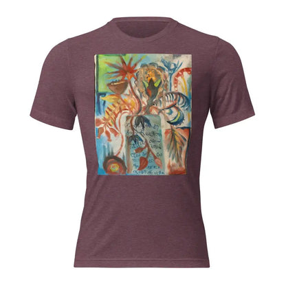 Burgundy t-shirt with colorful abstract art print inspired by Voynich oil painting