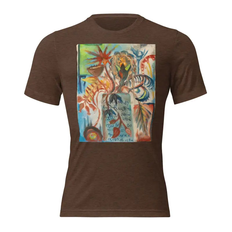 Brown t-shirt with colorful abstract art print inspired by Voynich oil painting