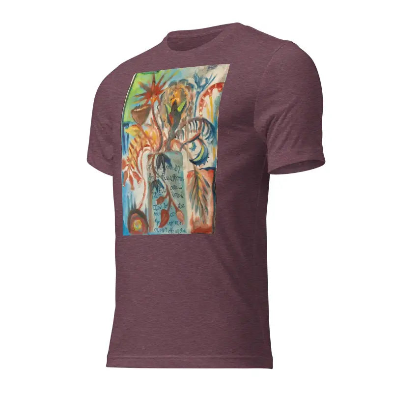 Burgundy t-shirt showcasing vibrant tropical palm tree art in Voynich oil painting style