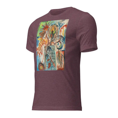 Burgundy t-shirt showcasing vibrant tropical palm tree art in Voynich oil painting style