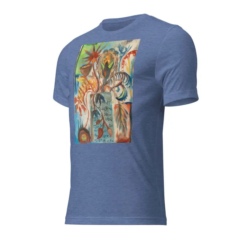 Light blue t-shirt with colorful palm tree art design, inspired by Voynich oil painting