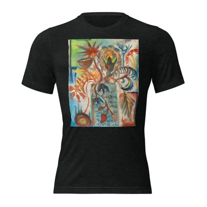 Black t-shirt showcasing Voynich oil painting with colorful abstract art design