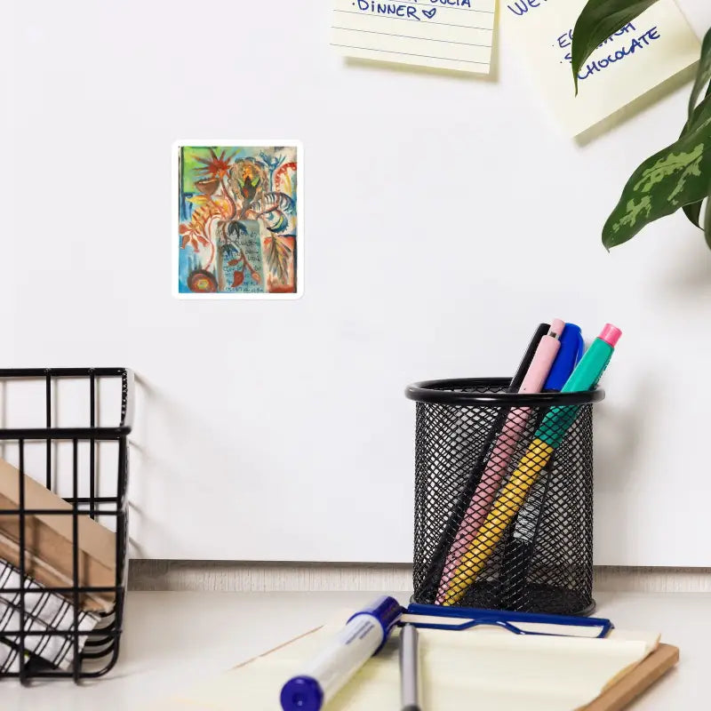 Black mesh pencil holder with colorful markers in a Voynich Still Life Magnet featuring Matthew