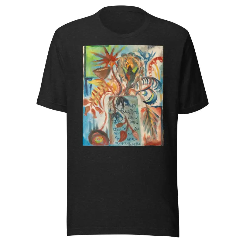 Black Voynich Unisex Jersey T-Shirt featuring vibrant abstract floral art design