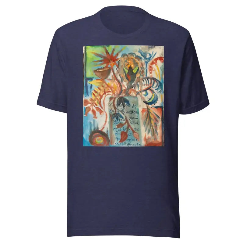 Navy blue Voynich Unisex Jersey T-Shirt with colorful abstract tropical art print