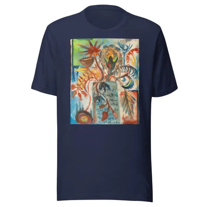 Navy blue Voynich Unisex Jersey T-Shirt with colorful abstract tropical art print