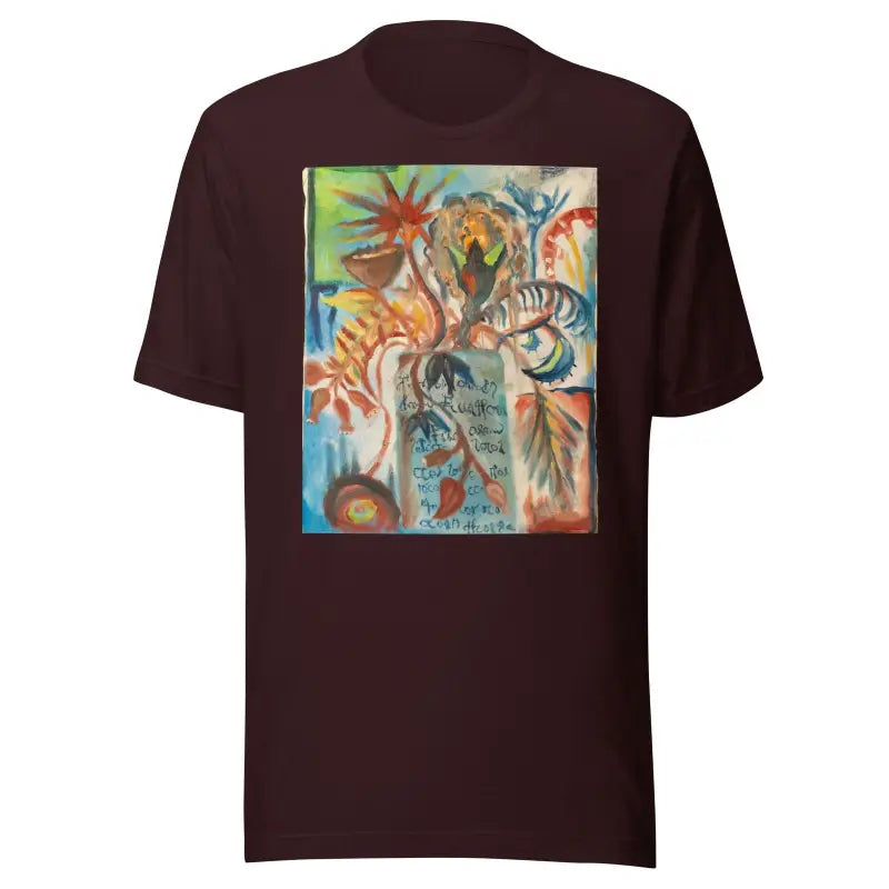 Brown Voynich Unisex Jersey T-Shirt featuring colorful abstract art print on the back