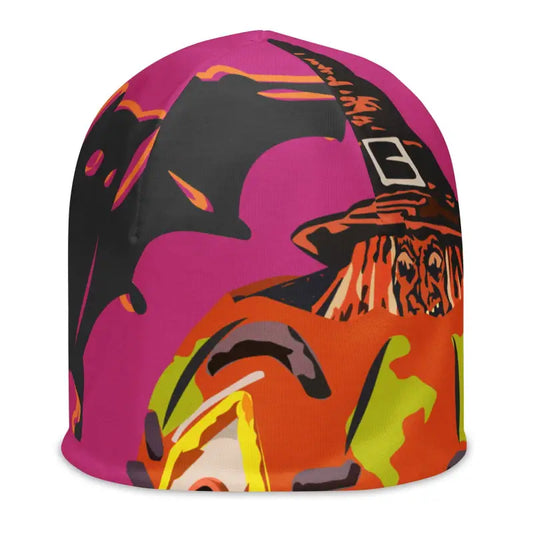 Colorful Pumpkin Witch All-Over Print Beanie featuring abstract graffiti-style design