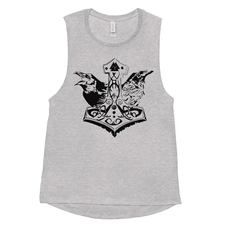 Grey muscle tank by Matthew Dye featuring Norse-inspired raven and Thor’s hammer design