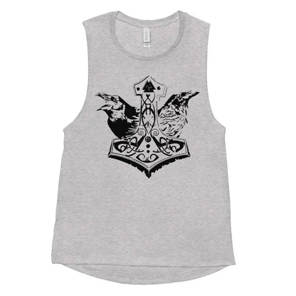 Grey muscle tank by Matthew Dye featuring Norse-inspired raven and Thor’s hammer design