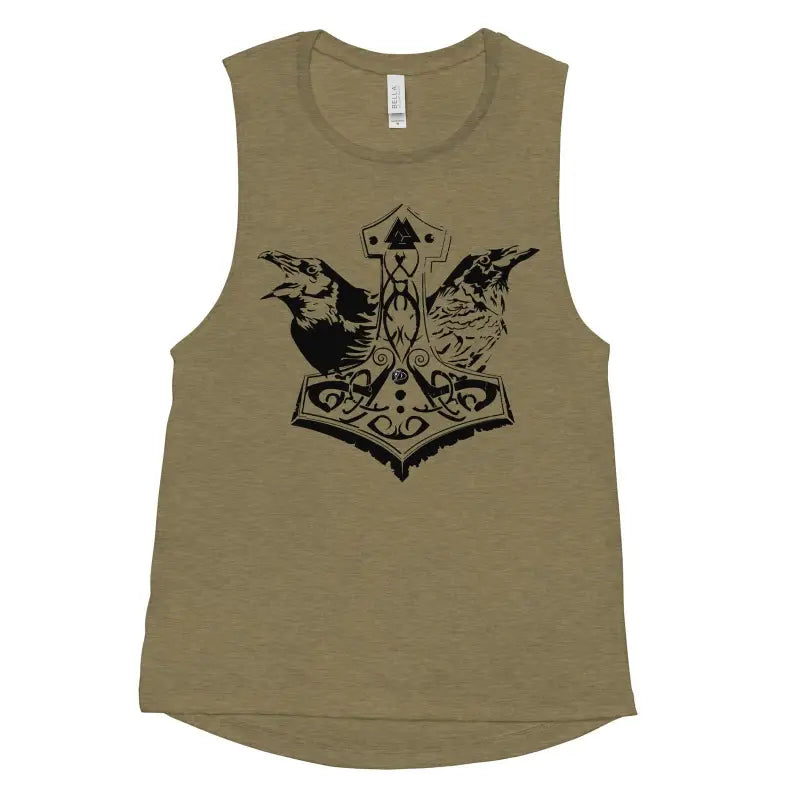 Olive sleeveless muscle tank by Matthew Dye featuring Norse-inspired Thor’s hammer design