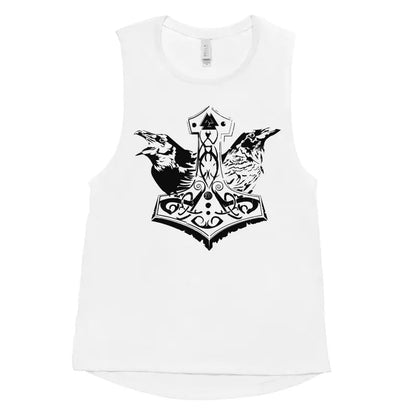 White muscle tank by Matthew Dye featuring Norse design with ravens and Thor’s hammer