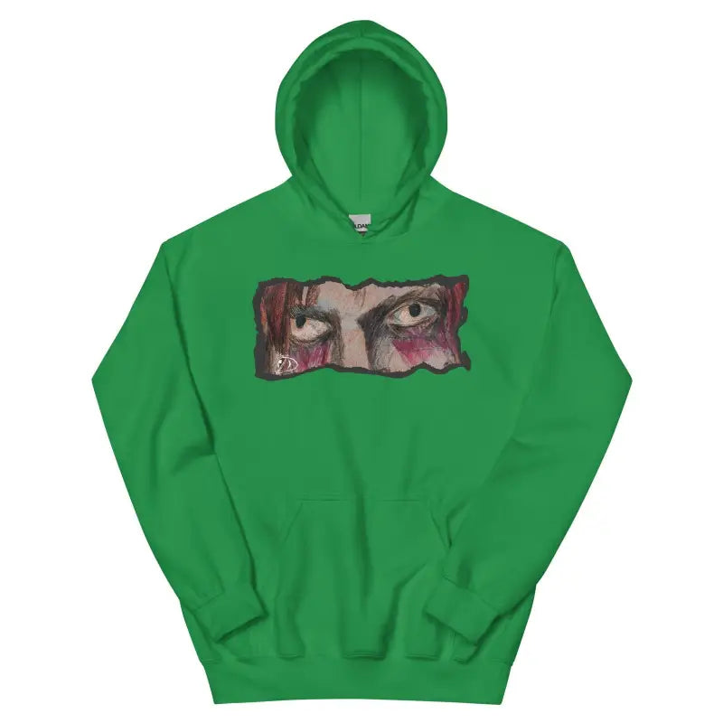 Green hoodie featuring artistic eye design, perfect for Twilight Embrace Cozy styling