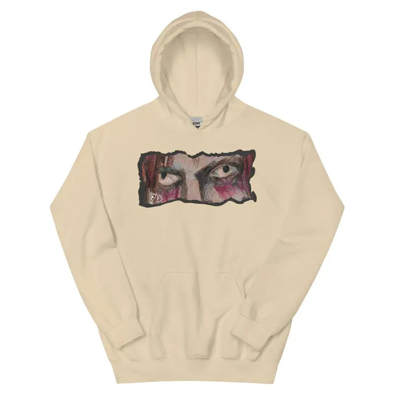 Beige Twilight Embrace Cozy Go-To Hoodie featuring artistic eye design on chest