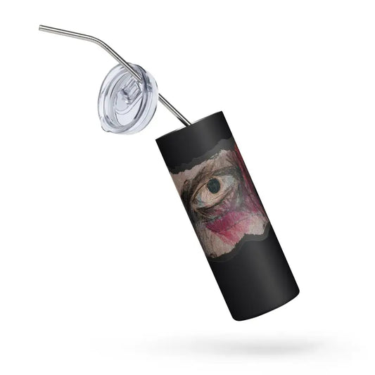 Stylish stainless steel tumbler with artistic eye design and clear lid, whimsical camouflage