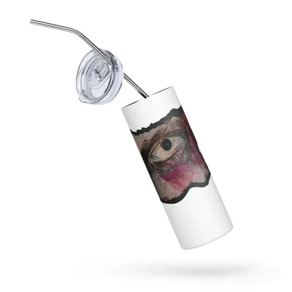 Stylish stainless steel tumbler with artistic eye design and straw lid in Whimsical Camouflage